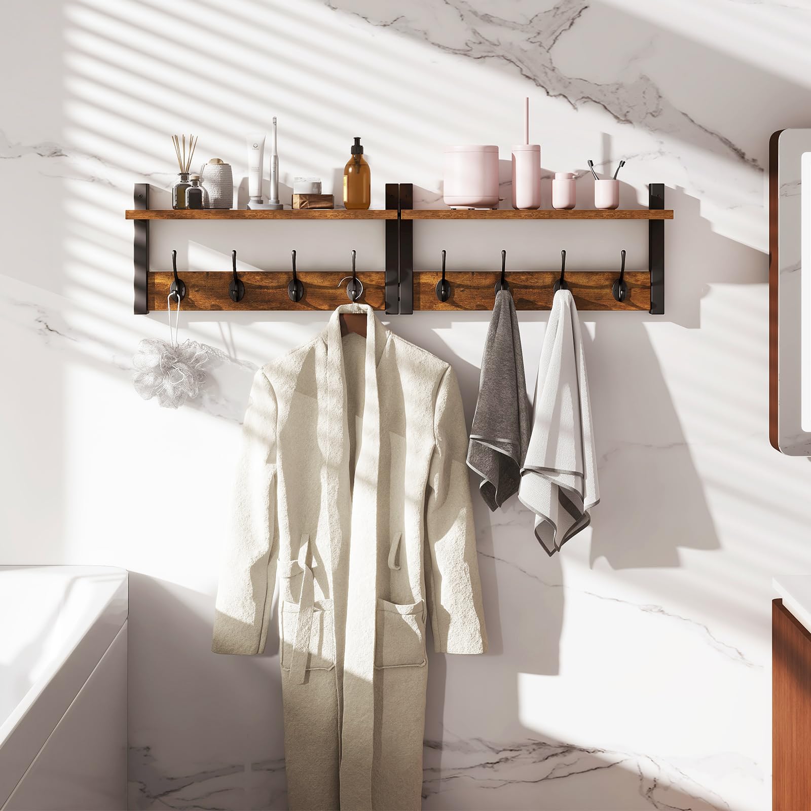 YMYNY Lot de 2 Patères Portemanteaux pour Entrée, Porte Manteau Mural, Meuble Entrée,Vestiaire Flottant, Étagère Suspendue, pour Chambre, Salle de Bain, Marron Rustique et Noir HWS001H-2
