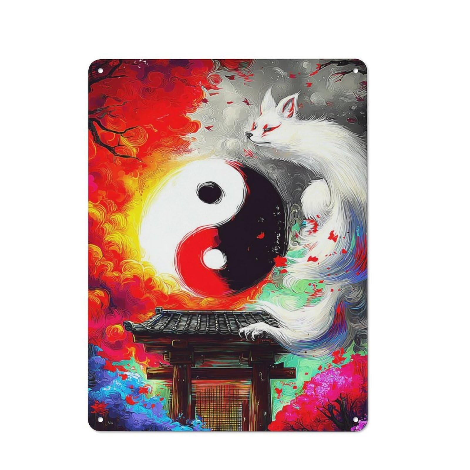 Yin-Yang Fox Temple Gate Art Smart Metal Wall Decor 40x30cm, Office Metal Sign for Office, Study, Studio Or Hallway