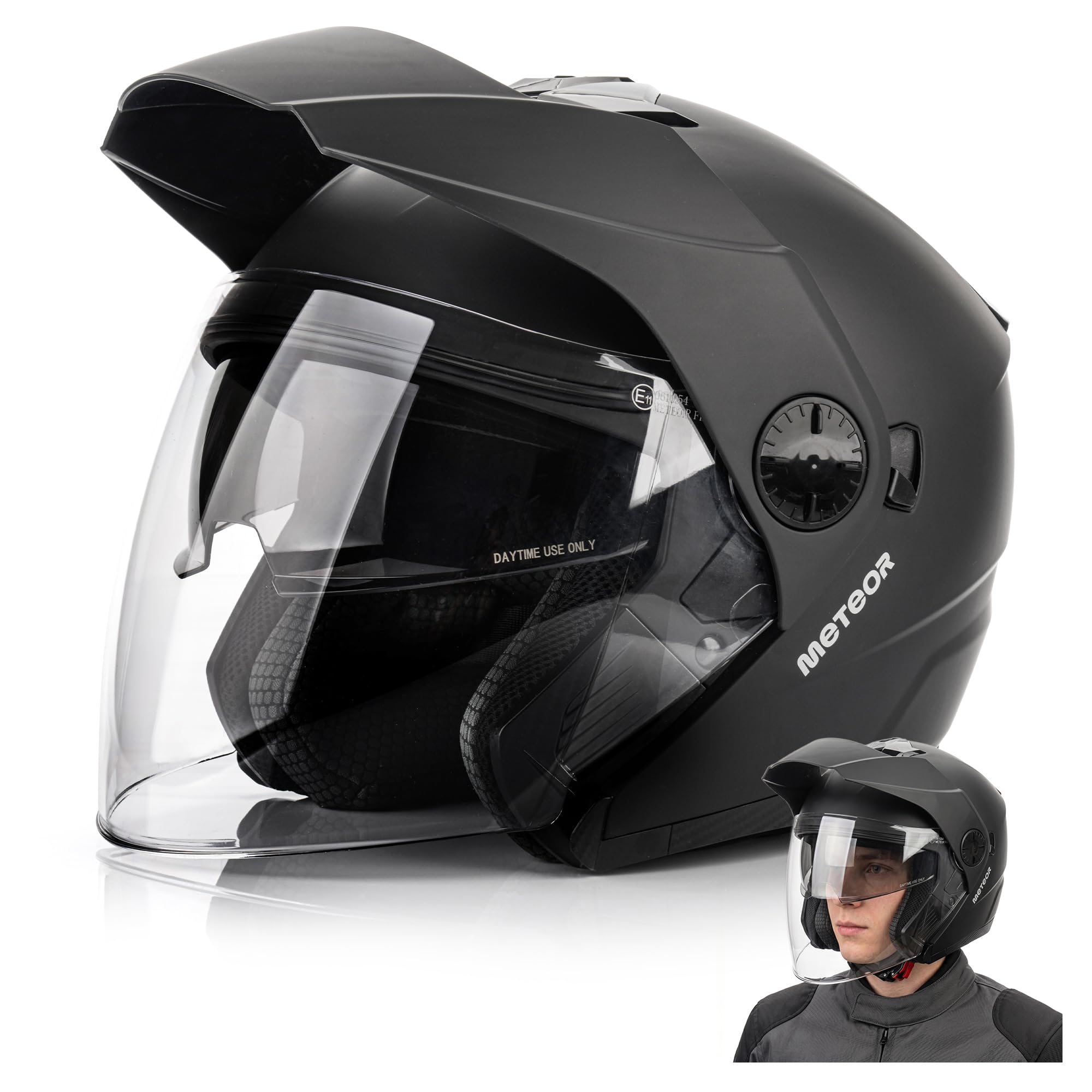 meteor Casco Moto Jet homologado ECE 22.06 con Parasol Hombre Mujer | Hekato casco jet moto hombre mujer con doble pantalla y parasol - homologado ECE 22.06 - ligero - tallas M L XL