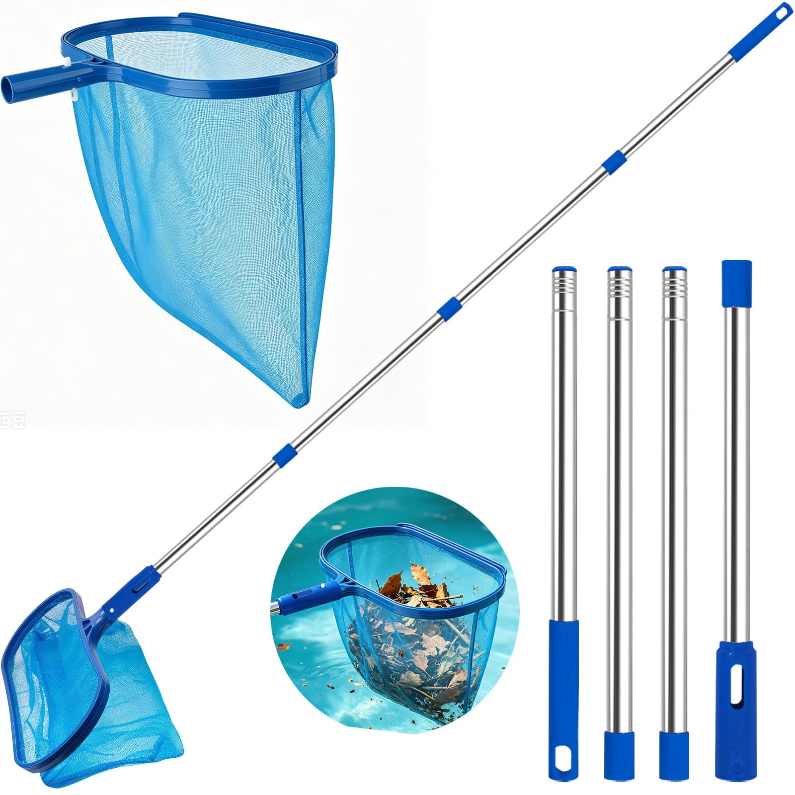 Swimming Pool Net, 175 cm Adjustable Pool Skimmer Net with 4 Connecting Stainless Steel Telescopic Pole, Pond Net with Fine Mesh Deep Bag for Garden Pond Fountain Tubs Spa Fish Tank