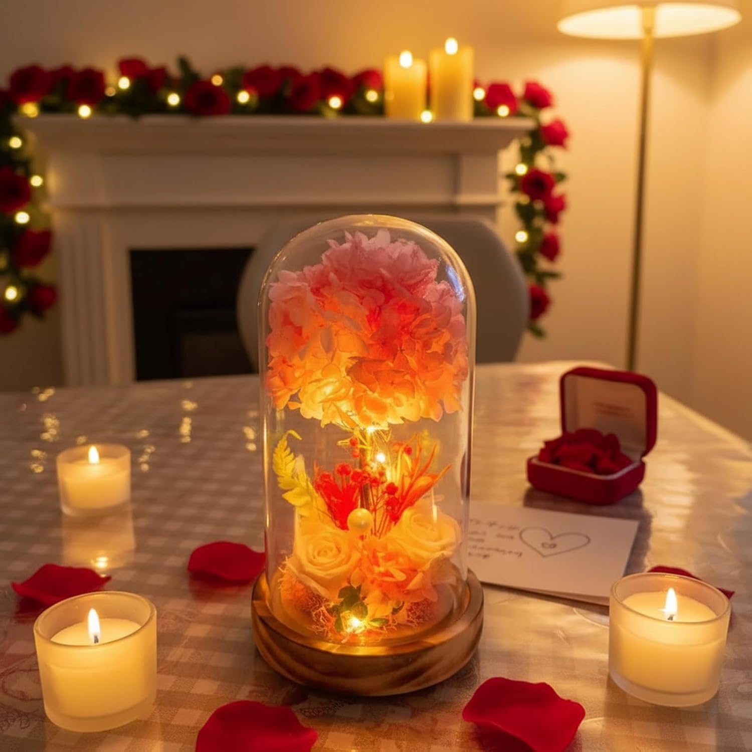 Christmas Gift Preserved Roses with LED Lighted Glass Dome, 8 inch 3D Hydrangea Tree with Pink and White Floral Arrangement,Wooden Base,for Indoor Decoration and all occasions to express love - Image 2