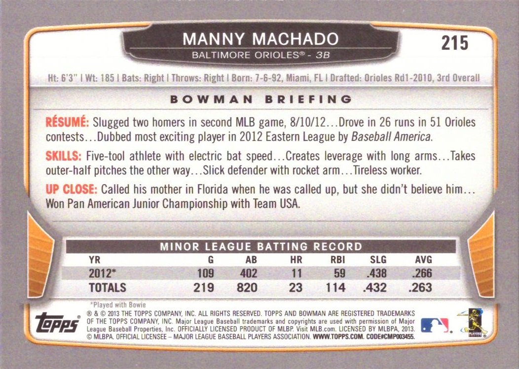 Amazon.com: 2013 Bowman Gold Baseball #215 Manny Machado Rookie