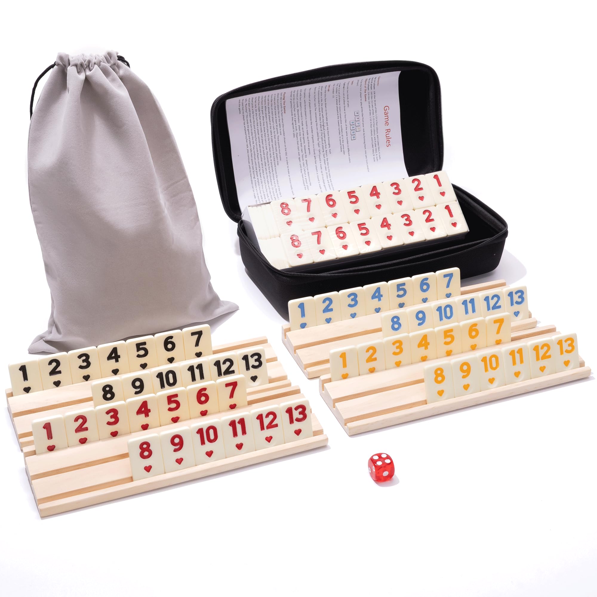 Jeux de cartes rami numériques améliorés, version de voyage pour 4 joueurs avec 4 supports en bois et 106 carreaux en mélamine, cadeau idéal pour homme et femme