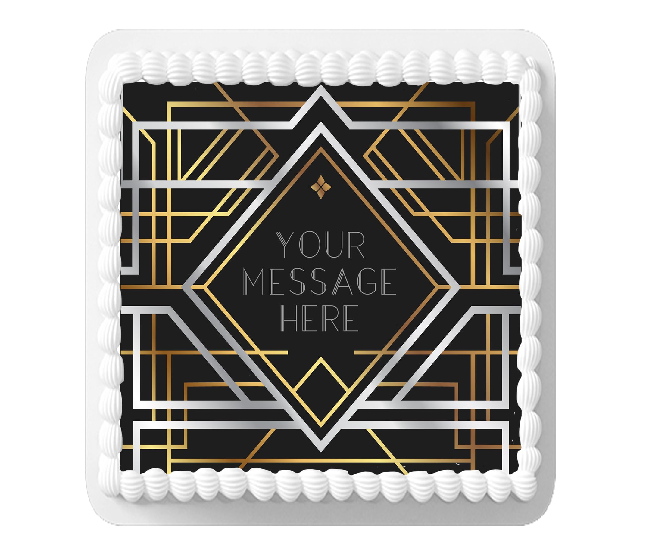 Orange Trading Dartmouth LTD A4 Edible Decor Icing Sheet PERSONALISED Art Deco Gold Black Silver Design 7-8" SQUARE Cake Topper Decoration - Great for larger cakes