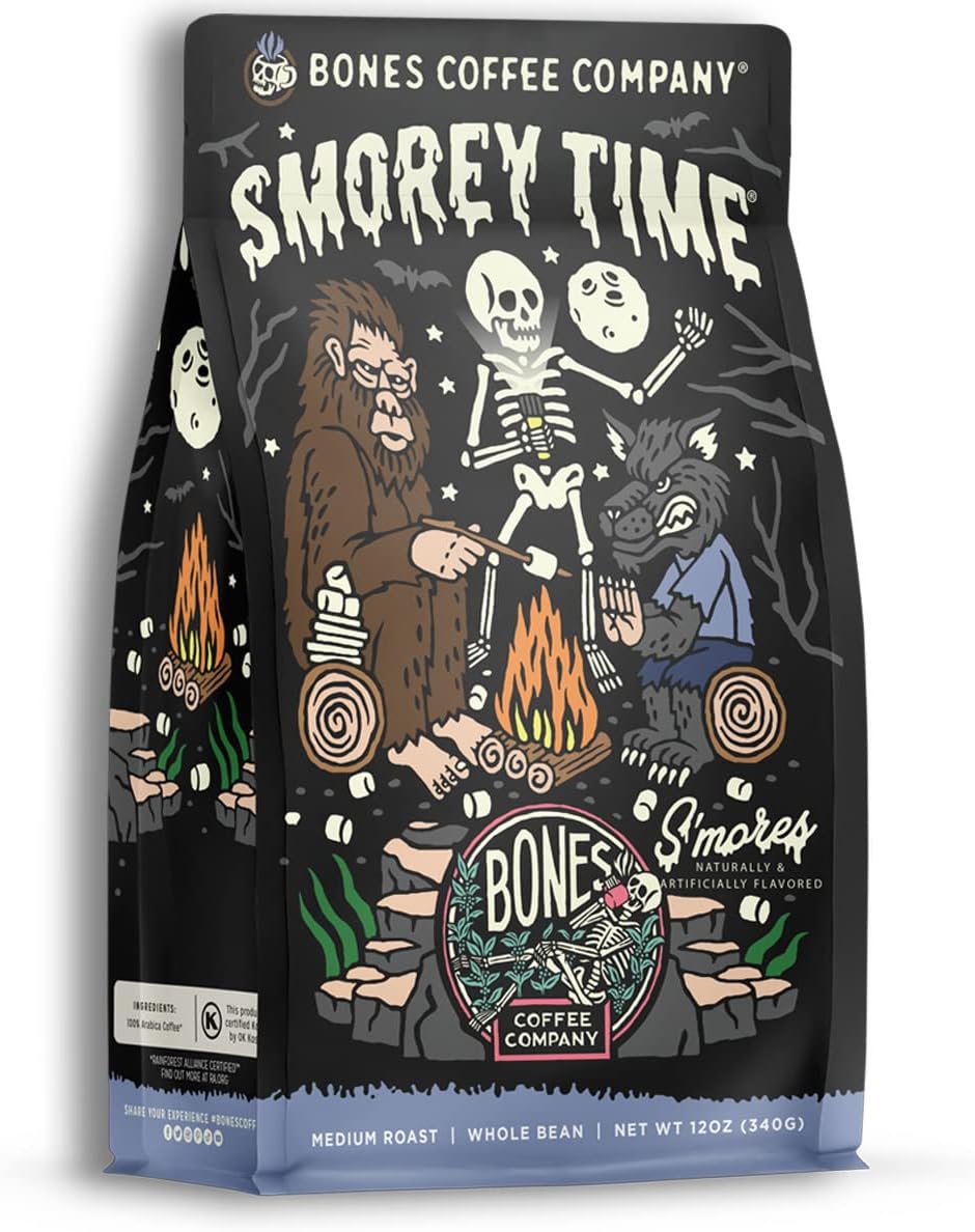 Bones Coffee Company S'morey Time, S'mores and Graham Crackers Flavored Coffee, Medium Roast Low Acid Arabica Beans Compatible with Auto drip and French Press Coffee Maker, 12 Oz Whole Bean