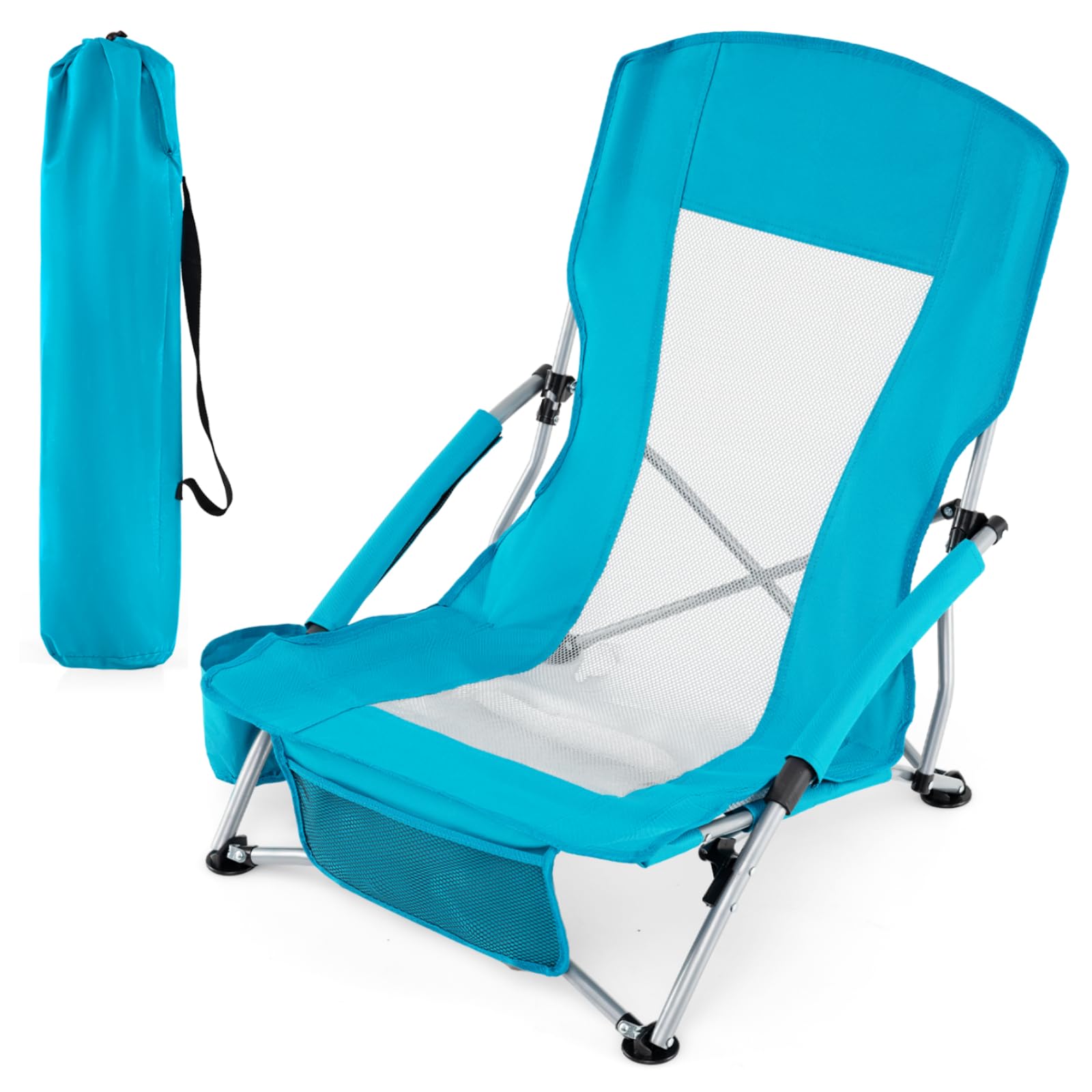 TANGZON Folding Beach Chair, Low Lightweight Camping Fishing Chair with High Backrest, Cup Holder, Storage Pocket & Carry Bag, Outdoor Portable Beach Seat for Travel, BBQ, Picnic, Festival (1)