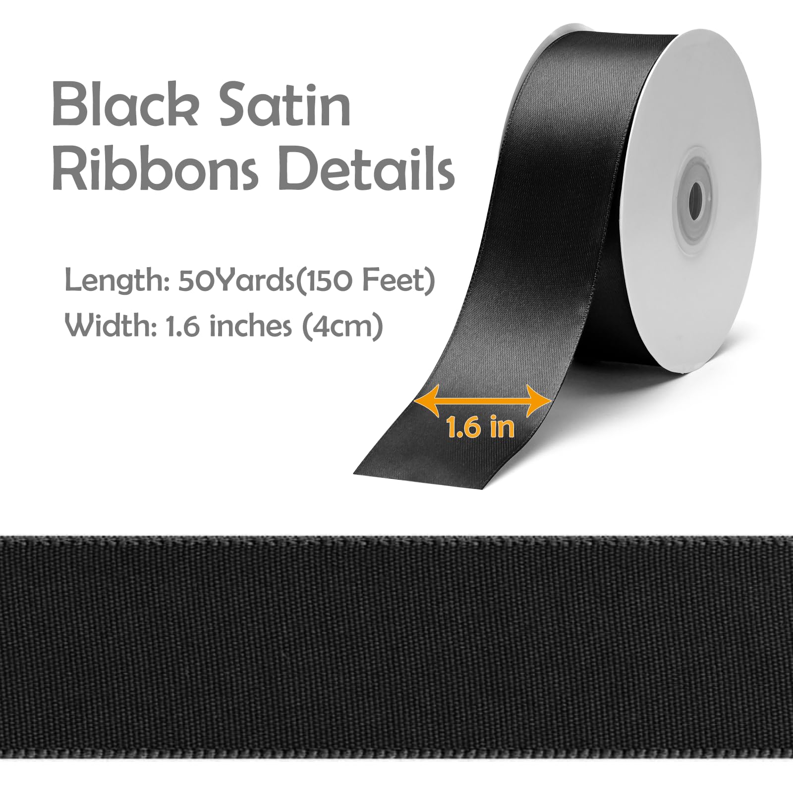 1.5 Inch x 50yds Satin Ribbon Solid Fabric Ribbons Roll for Gift Wrapping,Floral,Balloons,Craft Sewing,Valentine's Day,Wedding,Birthday Party Decoration(Black)