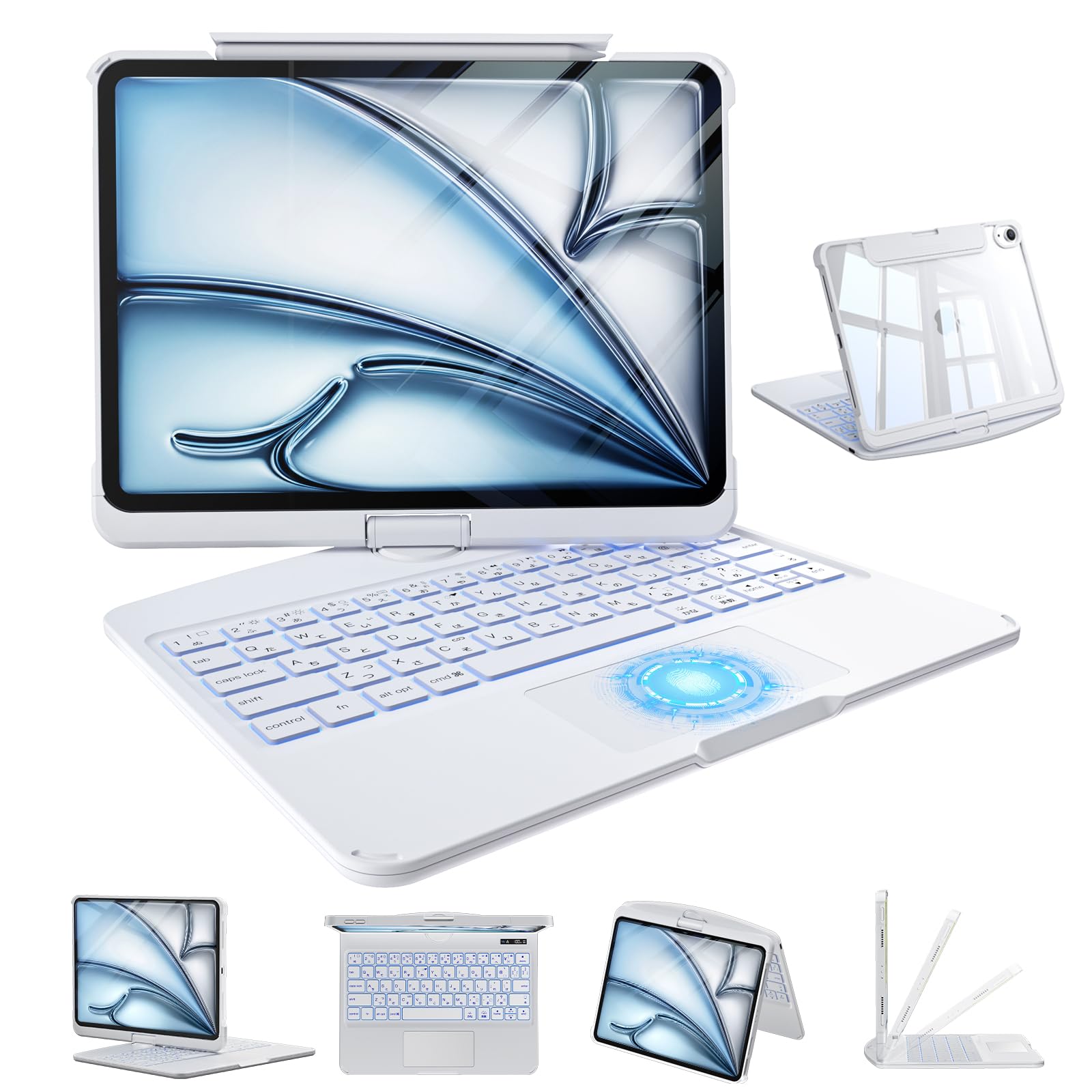 iFacemall iPad キーボード付きケース 10.2インチ 第 7/8/9世代 対応 JIS日本語配列 360度回転式 Bluetooth5.3 遅延なし・超高精度トラックパッド 7色バックライト クリアケース ペンホルダー搭載 日本語説明書付き ホワイト