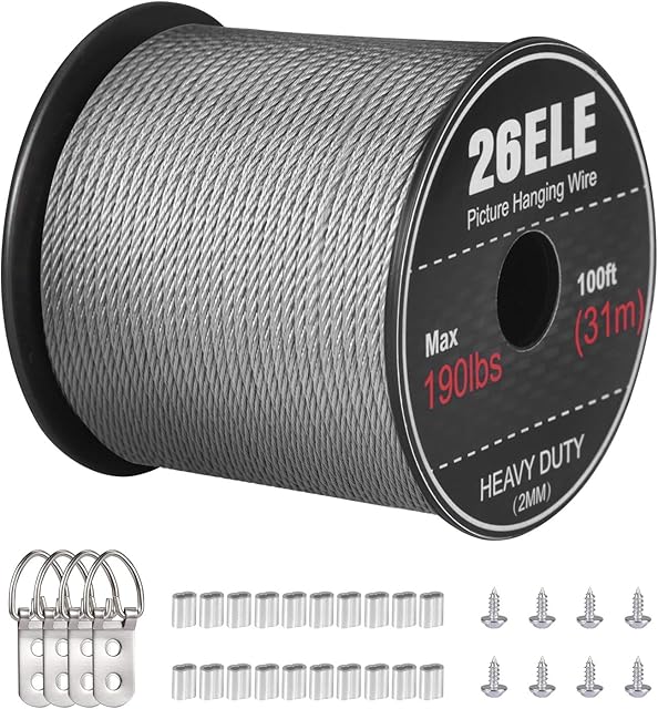 26ELE Picture Hanging Wire 190lbs, Heavy Duty Stainless Steel Wire Rope for Hanging Picture Frame Mirror and Wall Art, Strong Metal Wire 100Feet with 20PCS Crimping Sleeves, 4 D Rings and 8 Screws
