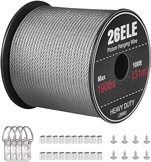 26ELE Picture Hanging Wire 190lbs, Heavy Duty Stainless Steel Wire Rope for Hanging Picture Frame Mirror and Wall Art, Strong Metal Wire 100Feet with 20PCS Crimping Sleeves, 4 D Rings and 8 Screws