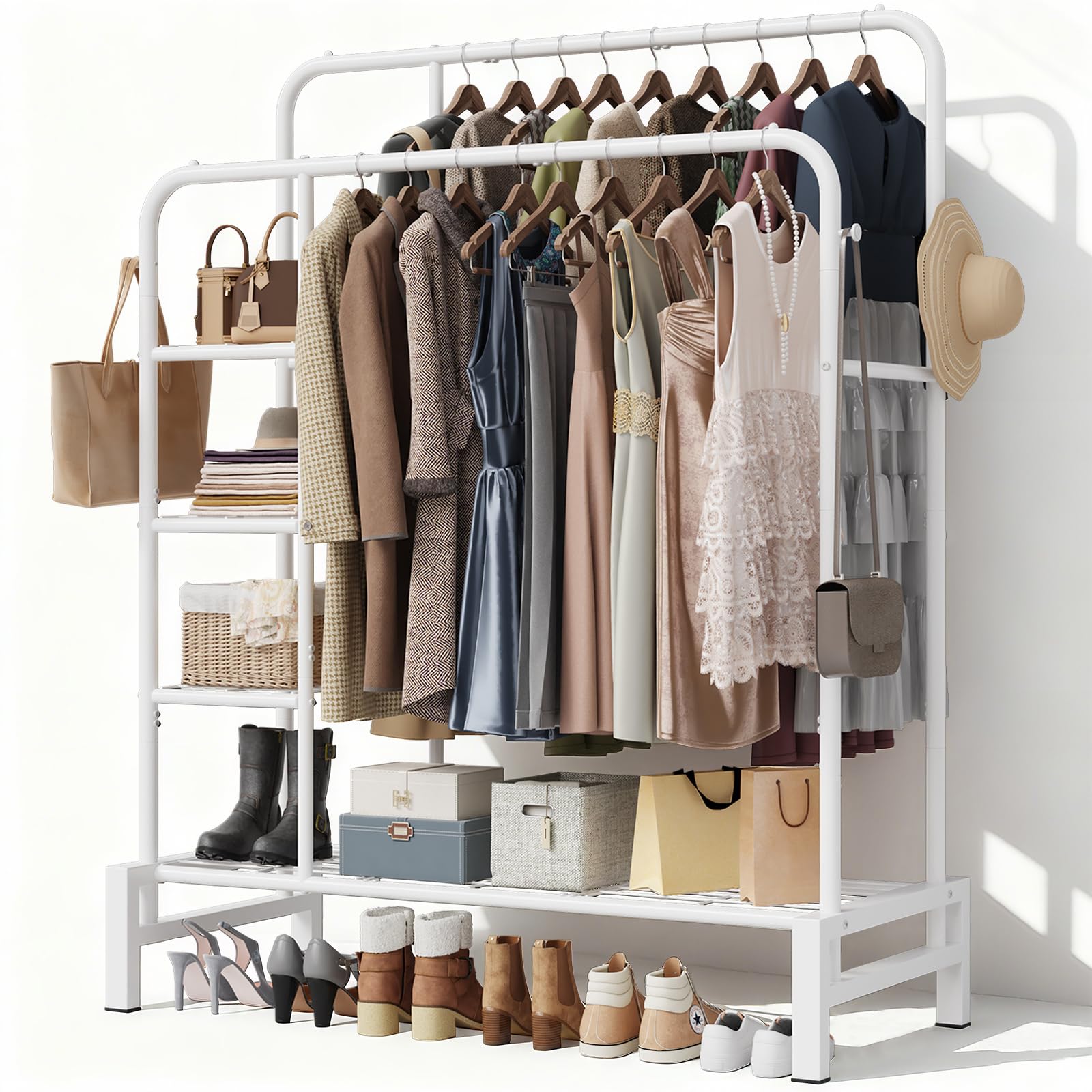 LZNIOZ Clothes Rail for Bedroom, Double Rods Clothing Rail with Shoe Rack, 3 Tier Storage Shelves & 4 Coat Hooks, Multifunctional Clothes Rack for closet, Laundry, Living Room, White
