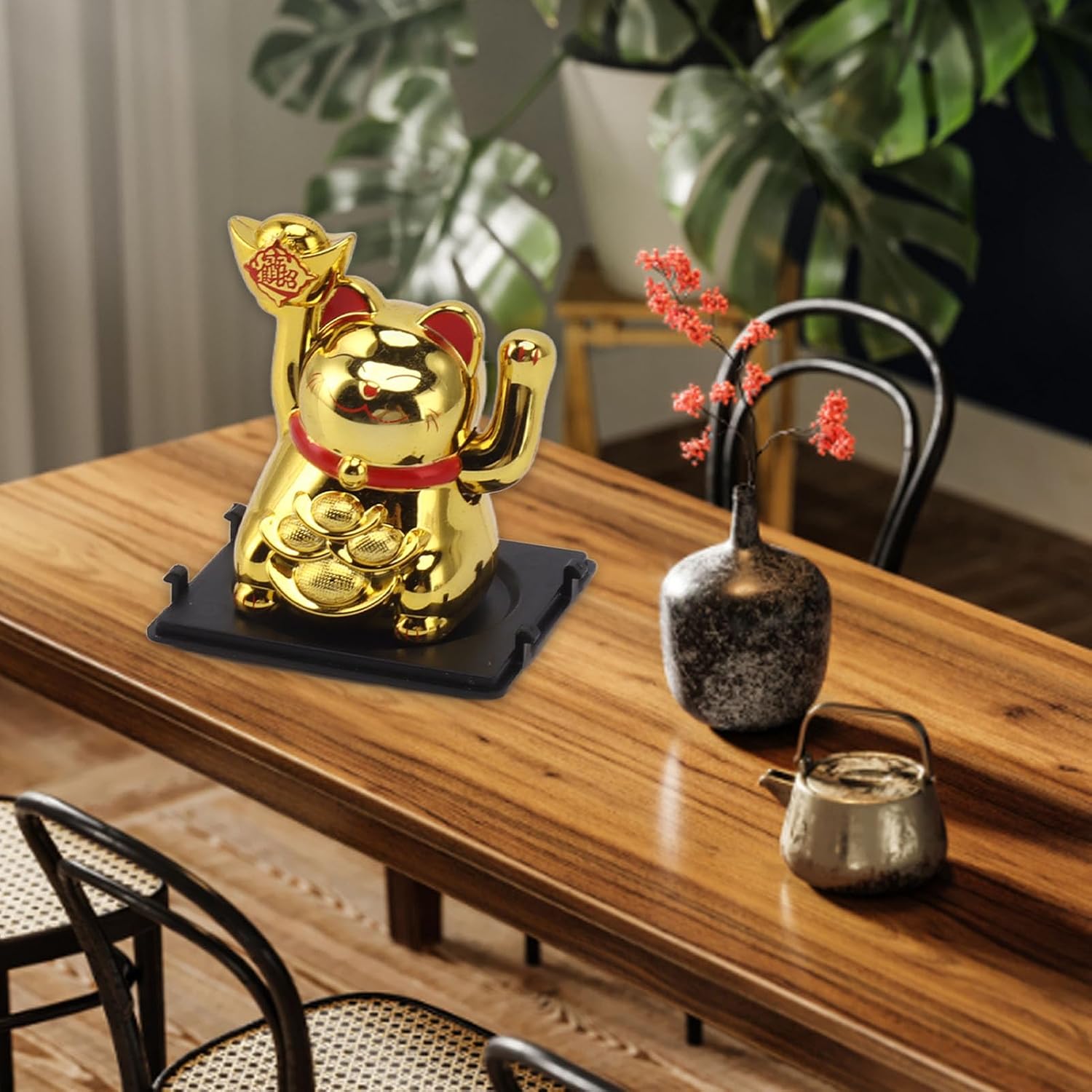 EVGATSAUTO Solar Powered Waving Arm Lucky Cat Ornament, Gold Motion Decor for Restaurant, Home, Office – Energy Saving Cat Figurine with LED Light image 2