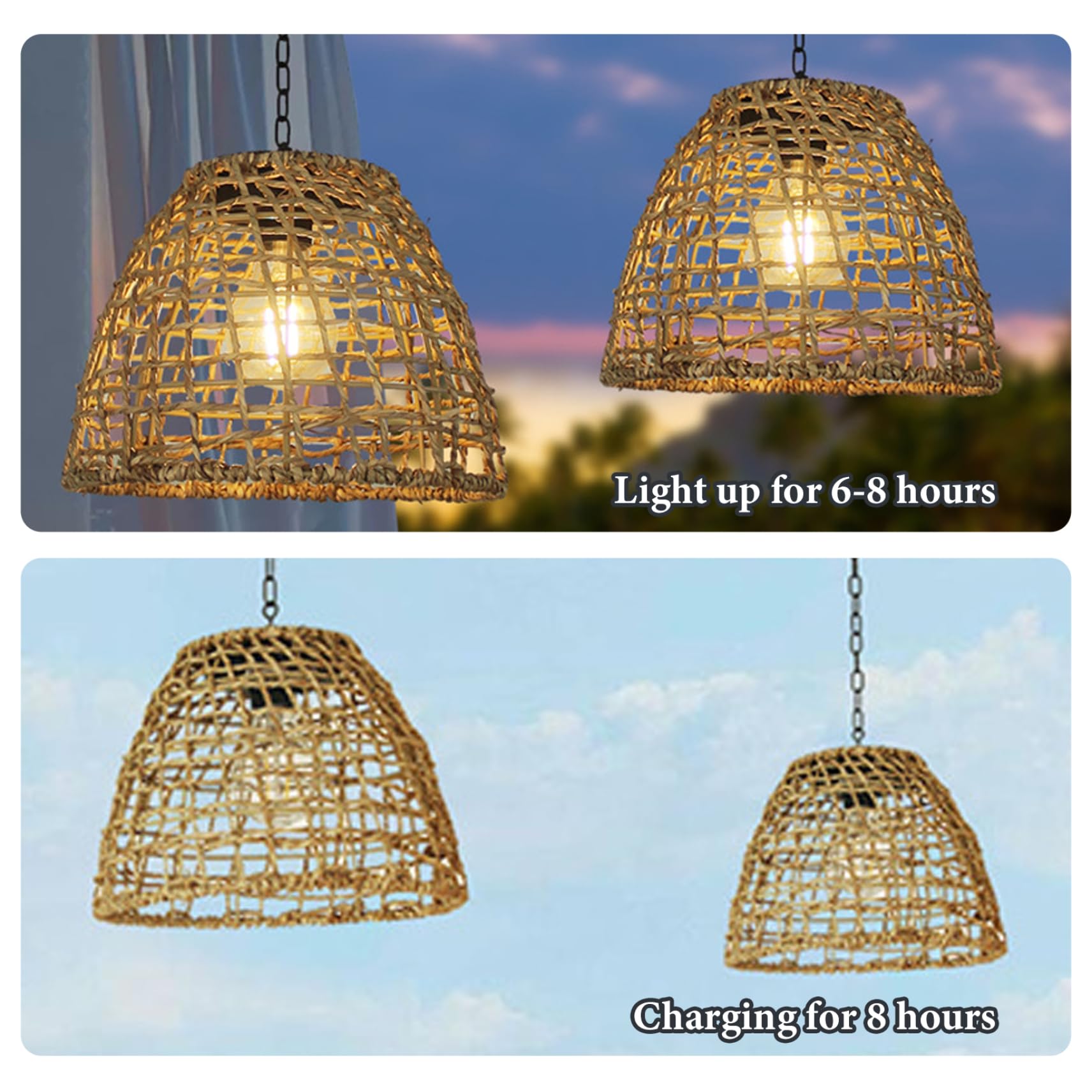 Lampes solaires suspendues étanches IP44 avec abat-jour en rotin, lanterne extérieure LED sans fil 600 mAh pour jardin