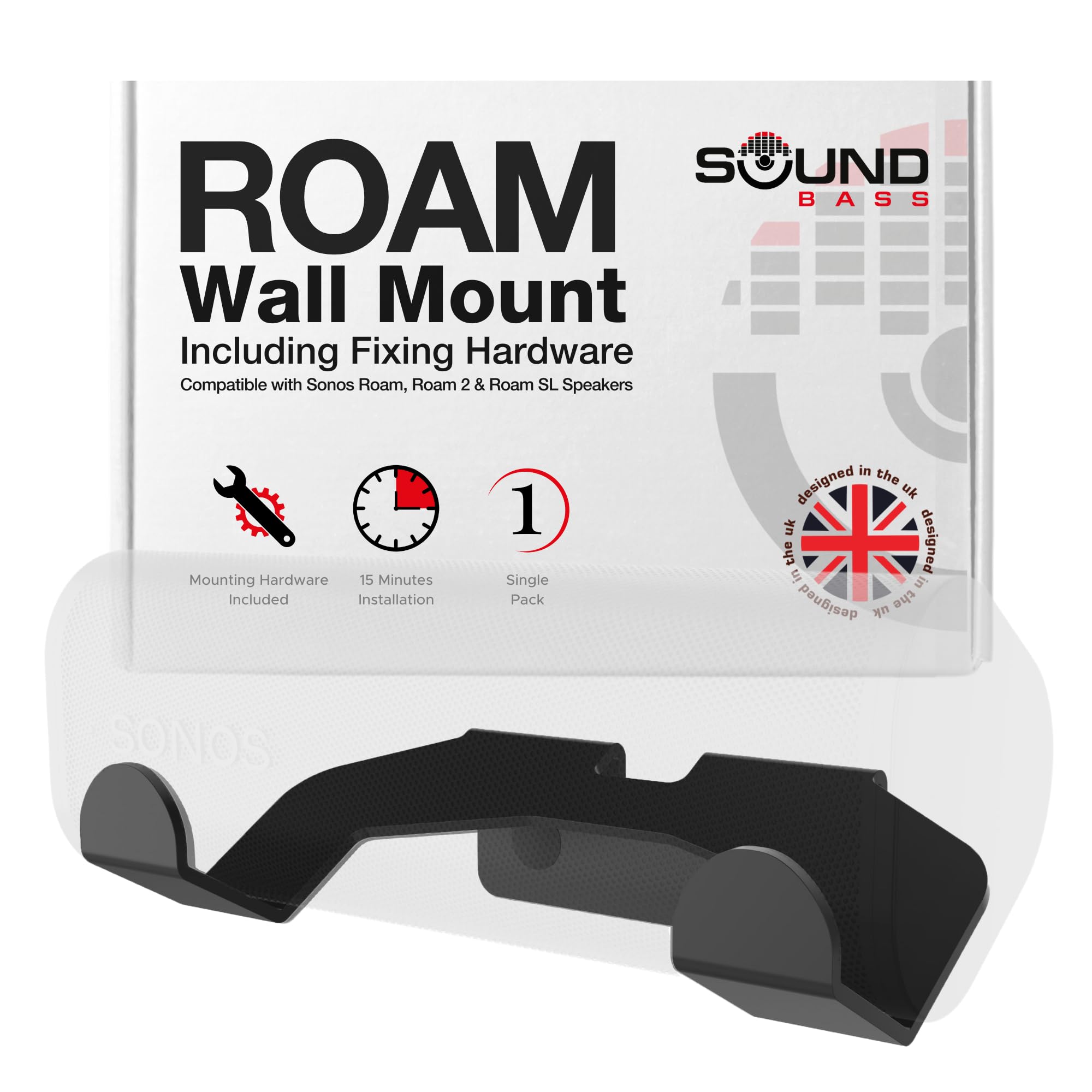 Sound Bass Roam Wall Mount Bracket, Black, Single (1pc), Compatible with Sonos Roam, Roam 2 & Roam SL, Includes Mounting Kit, Designed in The UK