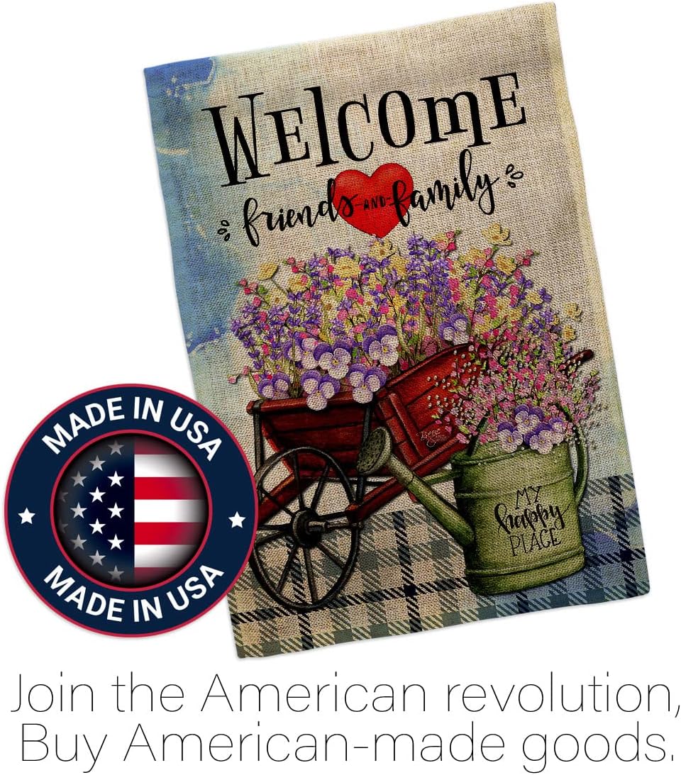 Breeze Decor My Happy Place Burlap Garden Flag Expression Sweet Home Flower Vintage Rustic Everyday Floral Classic House Decoration Banner Small Yard Gift Double-Sided, Made in USA
