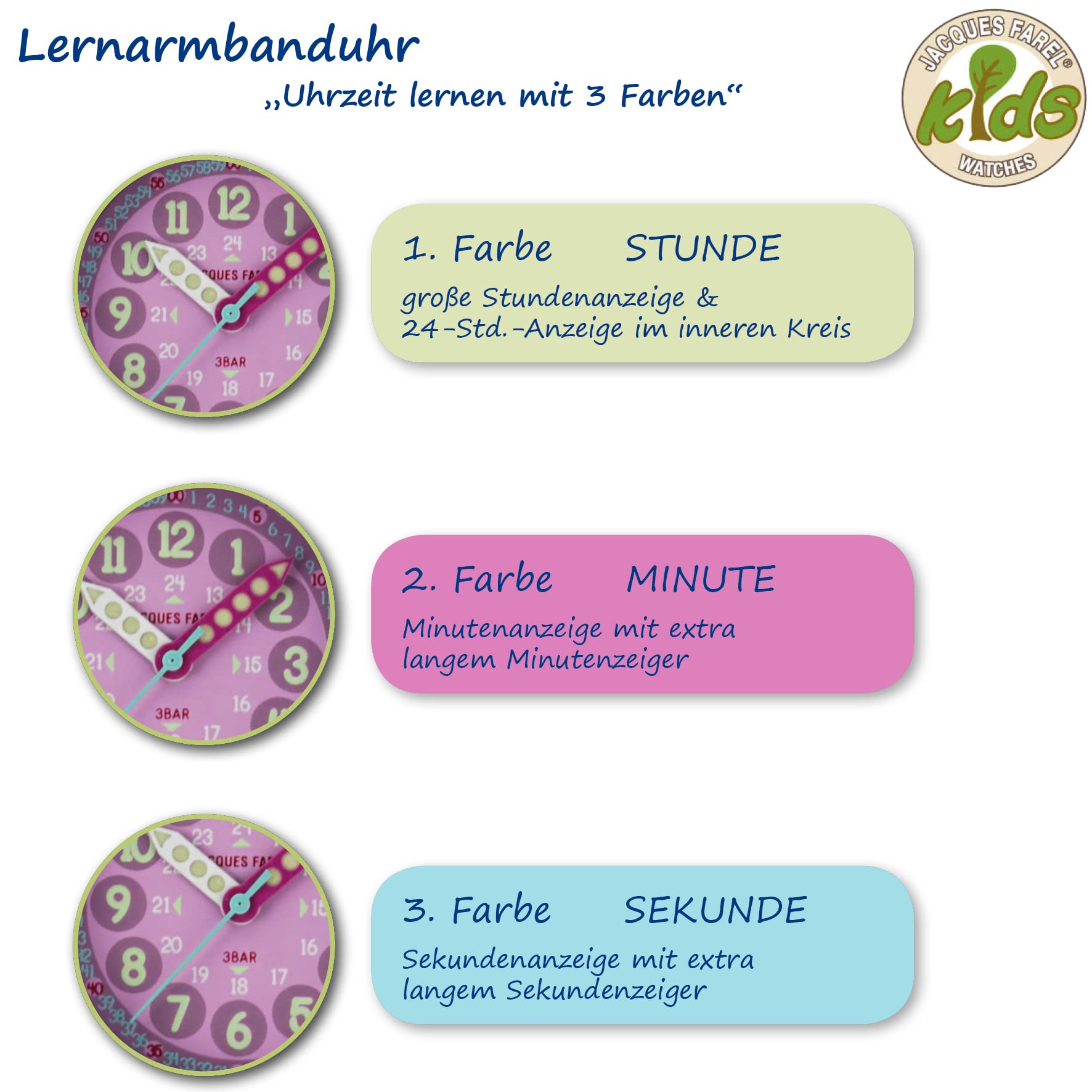 Jacques FAREL Lernuhr Öko Kinderuhr Mädchen Armbanduhr Analog Quarz mit Textilarmband aus Bio-Baumwolle Lila Violett Nachhaltig ORGT 1112