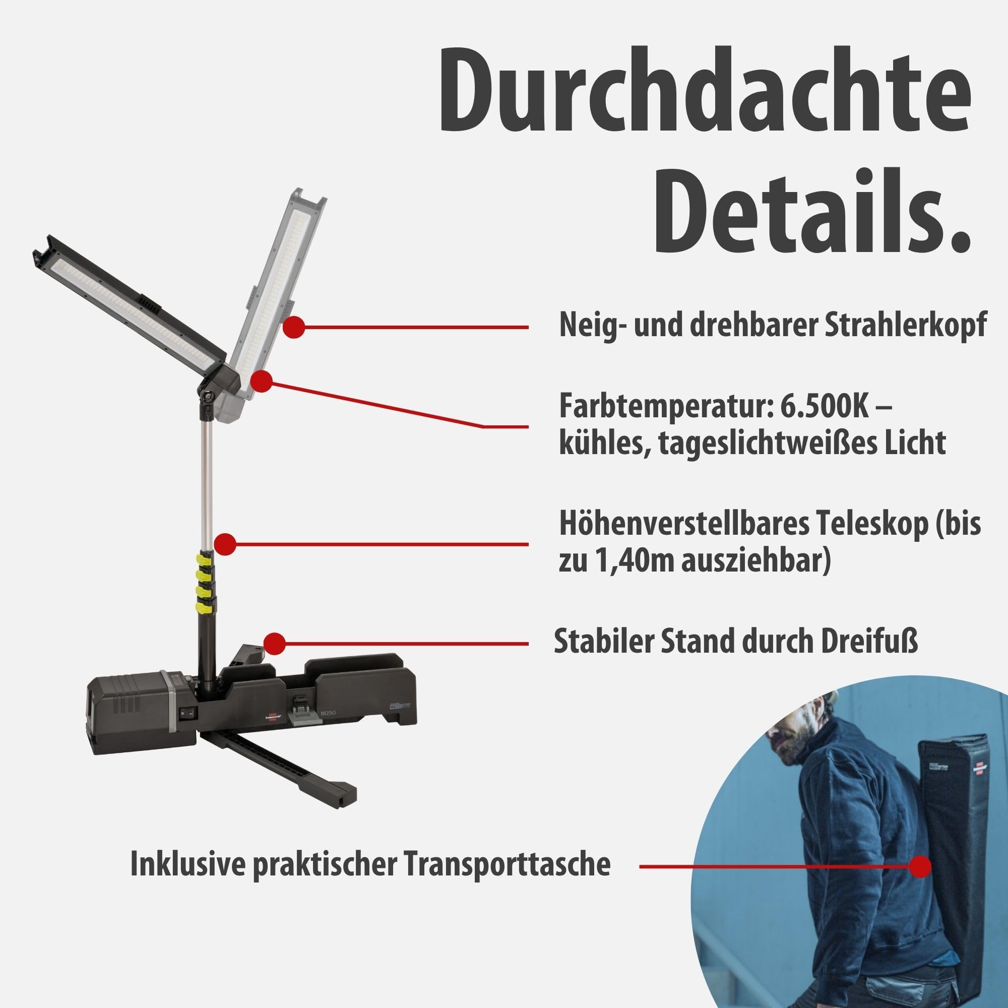 Brennenstuhl Multi Battery LED Akku Teleskop Arbeitsstrahler 6050 MA (7700lm, IP54, Höhenverstellbar Bis 140cm, Kompatibel Mit 18V Akkus 10 Verschiedener Hersteller, Ohne Akku, Engineered In Germany)