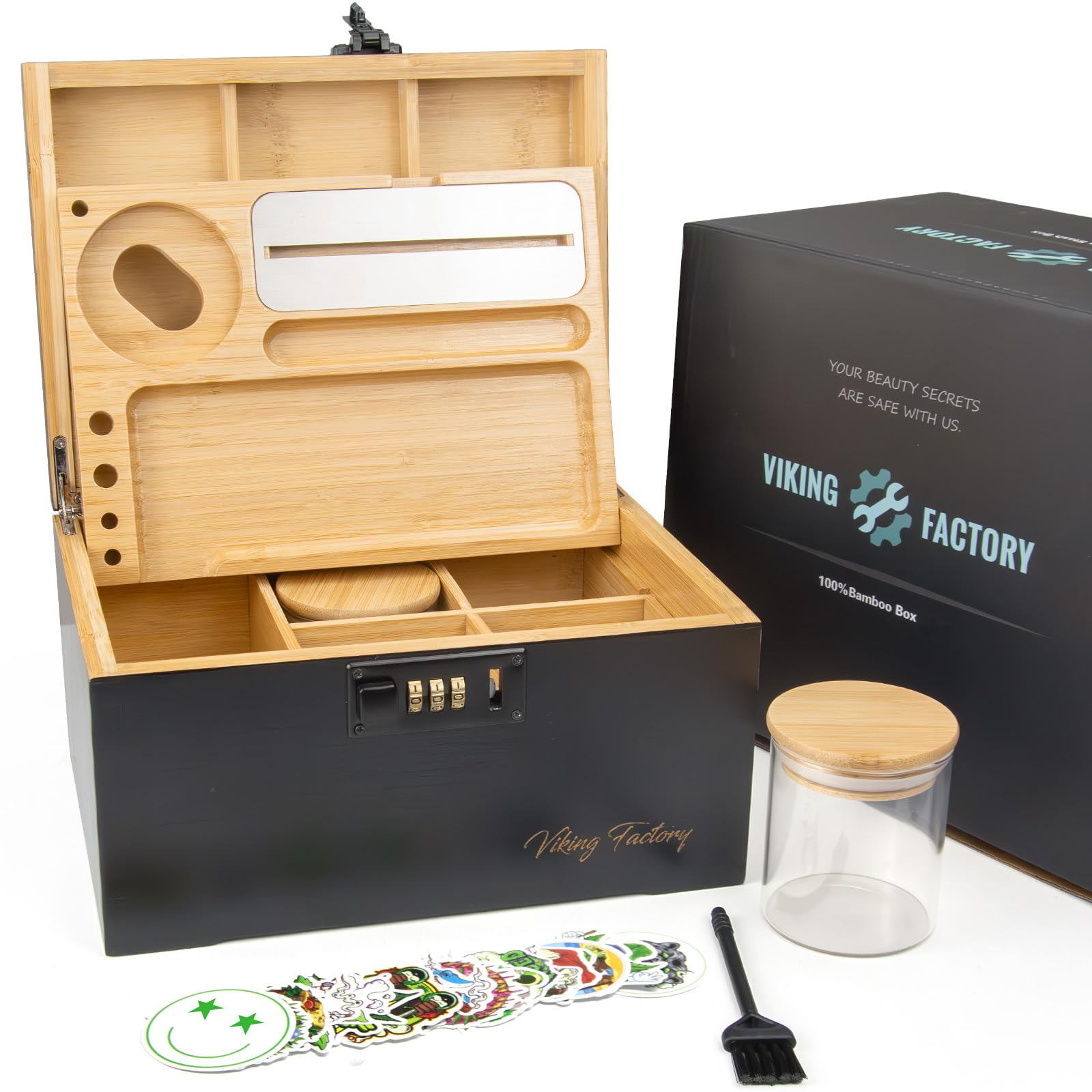 JYATUTU Viking Factory Large Bamboo Box with Combination Lock, Home Decorative Box Locking, Upgraded Tray | Glass Jars | Accessory Tool 1