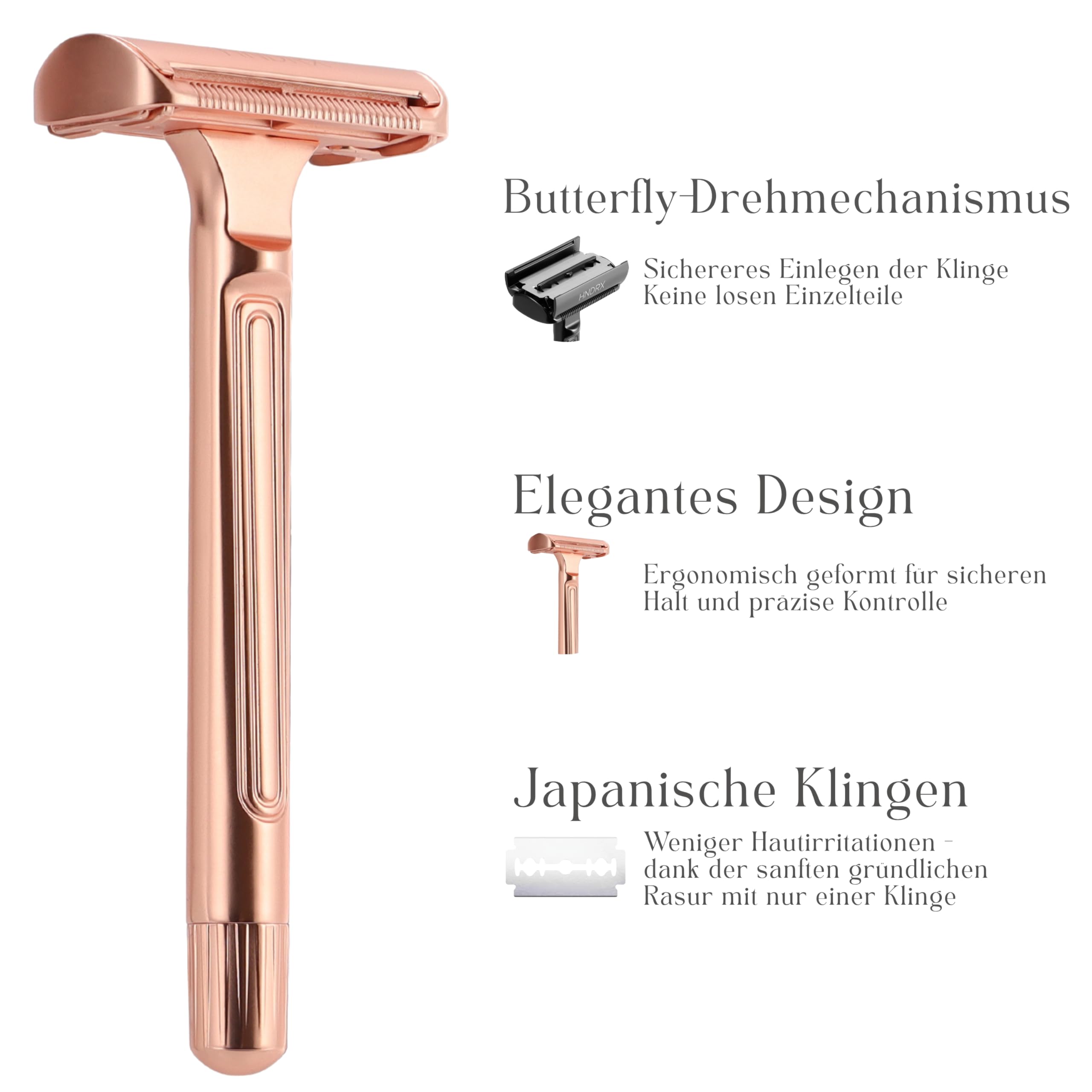 Maszynka do golenia męska, na mokro, damska, mechanizm Safety Razor Butterfly, kąt 30°, w zestawie 10 japońskich żyletek (lub róża)