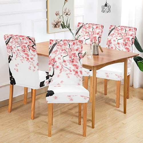 Miniatura 5 de DOMIKING Juego de 4 fundas para sillas de comedor con diseño de flor de cerezo, fundas de asiento elásticas lavables para decoración del hogar y