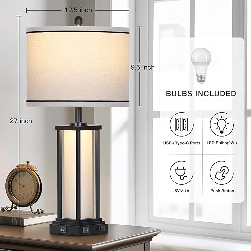 Miniatura 2 de 27" Tall Vintage Table Lamp with USB C+A & Outlet,Black Industrial End Table Lamp for Living Room,Farmhouse Rustic Bedside Lamp with Frosted Glass