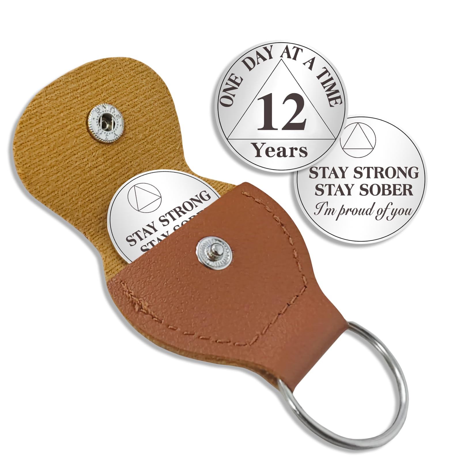 AtSKnSK 12 Year Sobriety Coin One Day at a Time AA Chips and Medallions with PU Leather Keychain Sobriety Gifts for Celebrating Alcoholics Anonymous Recovery Sobriety Gifts for Men Women
