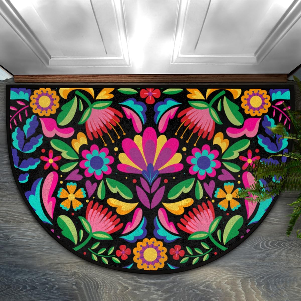 Mexican Flowers Half Round Door Mat,Indoor Entrance Rug, Semi Circular Area Rug, Kitchen Floor Mats Non Slip Absorbent Doormats,Laundry Room Rug 24"x 36"