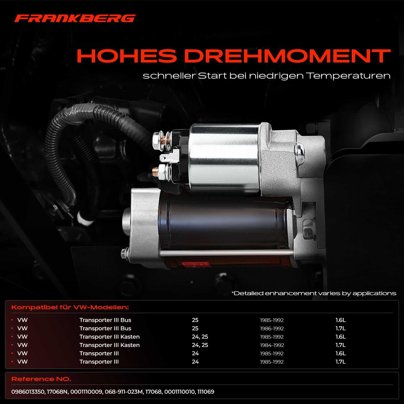 Frankberg Démarreur pour voiture, 1,7 kW, 12 V, 9 dents, 0001110009 | Compatible avec: Transporteur III Boîte 24 25,T.r.a.n.s.p.o.r.t.e.r III plateau/châssis 24,T.r.a.n.s.p.o.r.t.e.r III Bus 25