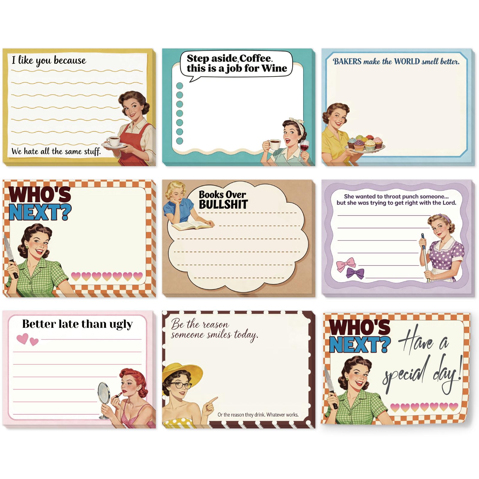 GLOBLELAND 8 Pads 400 Sheets Funny Woman Sticky Notes Set 4x3 inch Housewife Self-Adhesive Memo Pads Post it Notes for Journaling Meeting Office Planners Craft Lovers