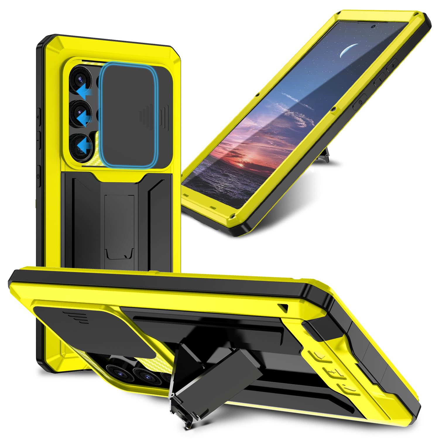 Compatible For Samsung Galaxy S25 Ultra Metal Case,Heavy Duty Dust Proof Military Grade Rugged Case with Sliding Camera Cover and Built-in Foldable