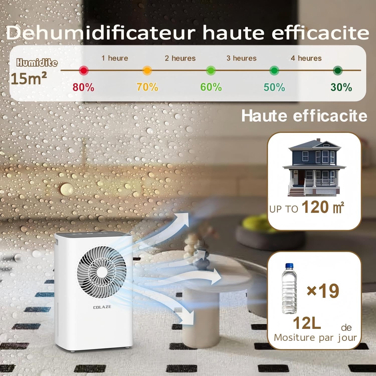 Deshumidificateur d Air, Deshumidificateur Electrique 12L/jour, Convient jusqu'à 120 m³/30 m², Deshumidificateur silencieux est équipé de tuyaux et de roulettes, Déshumidificateur pour Cave, Salon