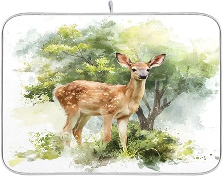 Dish Drying Mat for Kitchen Counter Watercolor Cute Deer Green Trees Absorbent Drying Dish Mat 1618 inch Dish Rack Pad Coffee Mat for Sink Dishes Under Rack