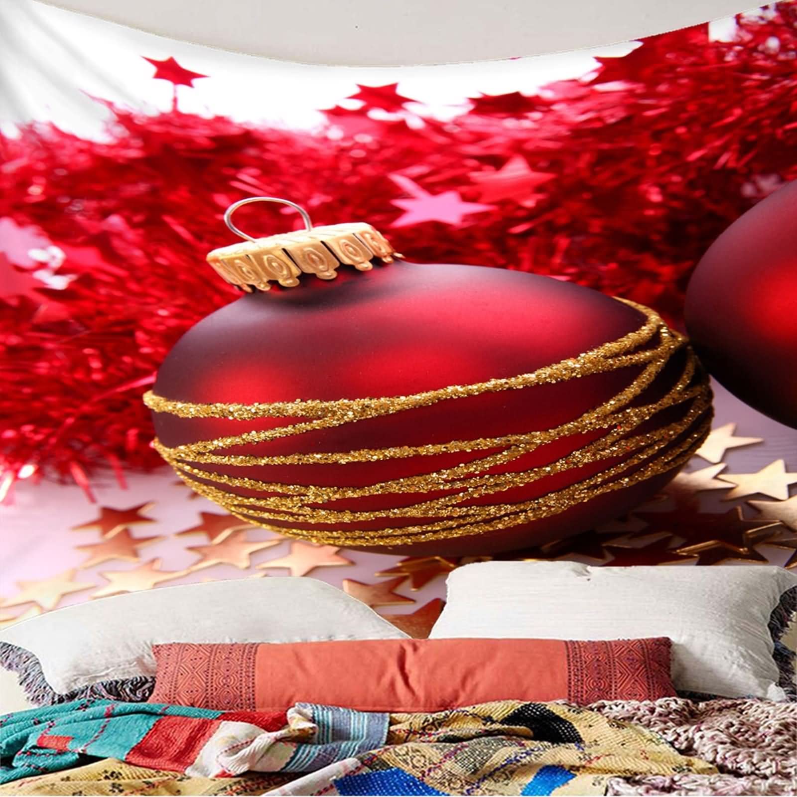 Tapiz Arbol de Navidad, Tapiz Arbol Navidad Español Decoración Navideña Bola y Estrellas Rojo Poliéster 350X256cm