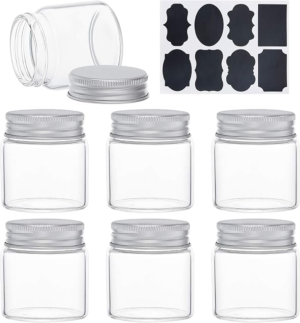 BENECREAT 15PCS 50ml Clear Glass Bottles Candy Bottle with Aluminum Screw Top Empty Sample Jars with 2 Sheets Labels for Spice Herbs Small Items Storage Wedding Favors