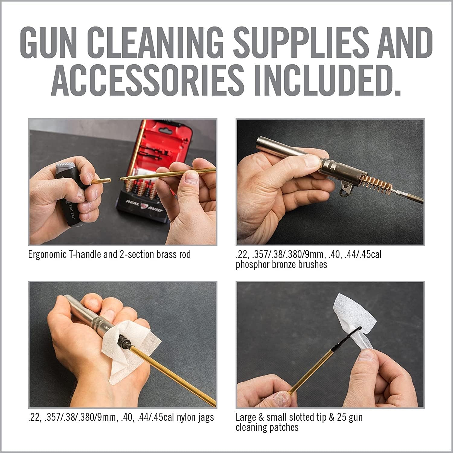 Real Avid PRO Handgun Cleaning Kit | Premium Pistol Cleaning Kit with Brass Cleaning Rod, Bore Brushes, Gun Cleaning Jags & Gun Cleaning Patches | For .22 .357 9MM .38 .40 .44 & .45 Caliber Handguns