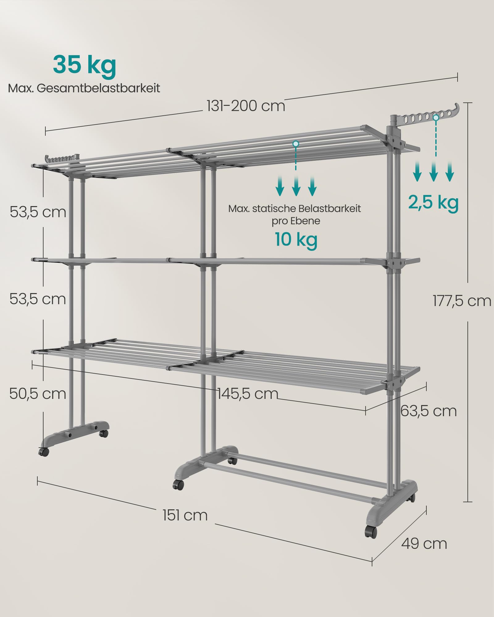 SONGMICS Wäscheständer, Standtrockner 4 Ebenen, ausziehbar, Flügelwäscheständer, klappbare Flügel, mit Rollen, 63,5 x (131-200) x 177,5 cm, groß, einfacher Aufbau, Taubengrau LLR704G01