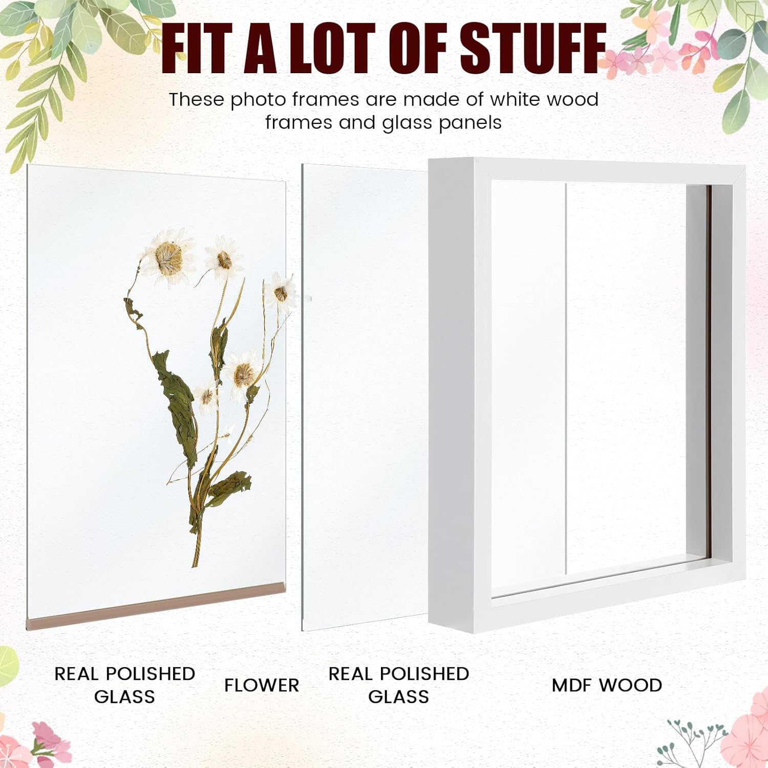 4 Pack Pressed Flower Floating Picture Frames, 10, 8, 6, 5 Inch White Wooden Double Glass Pressed Flower Frames Wall Tabletop Display for Dried Flowers, Photos, Art, Birthday, Wedding Gift