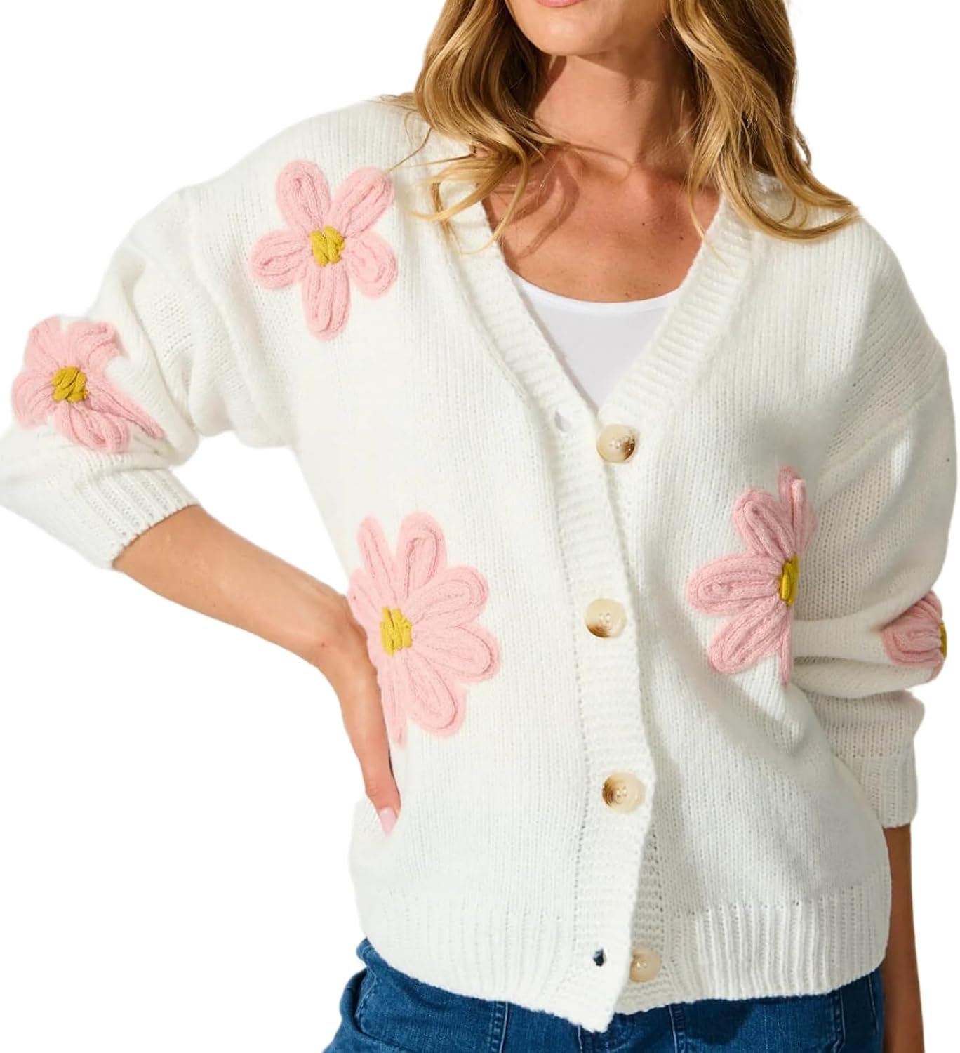 Womens Flower Knit Cardigans Long Sleeve Button-up Aesthetic 90s Knitted Fall Sweater Cardigans Tops