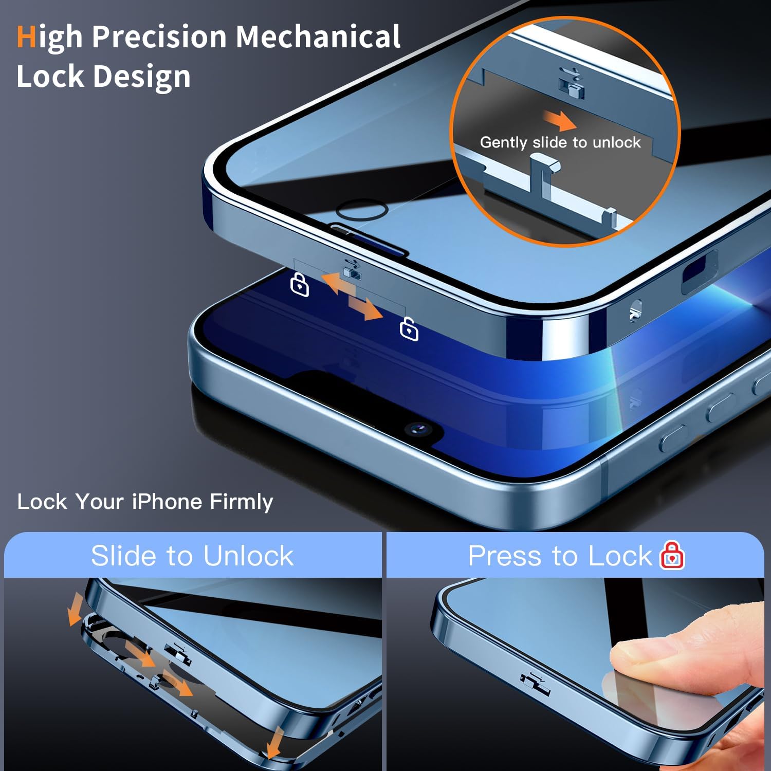 [Full Camera Protection& Mechanical Lock] Magnetic Privacy Case for iPhone 13 Pro Max [Compatible with MagSafe][CD Metal Ring] Full Body Metal Bumper, 9H Anti Peeping Glass Cover-Blue - Image 3