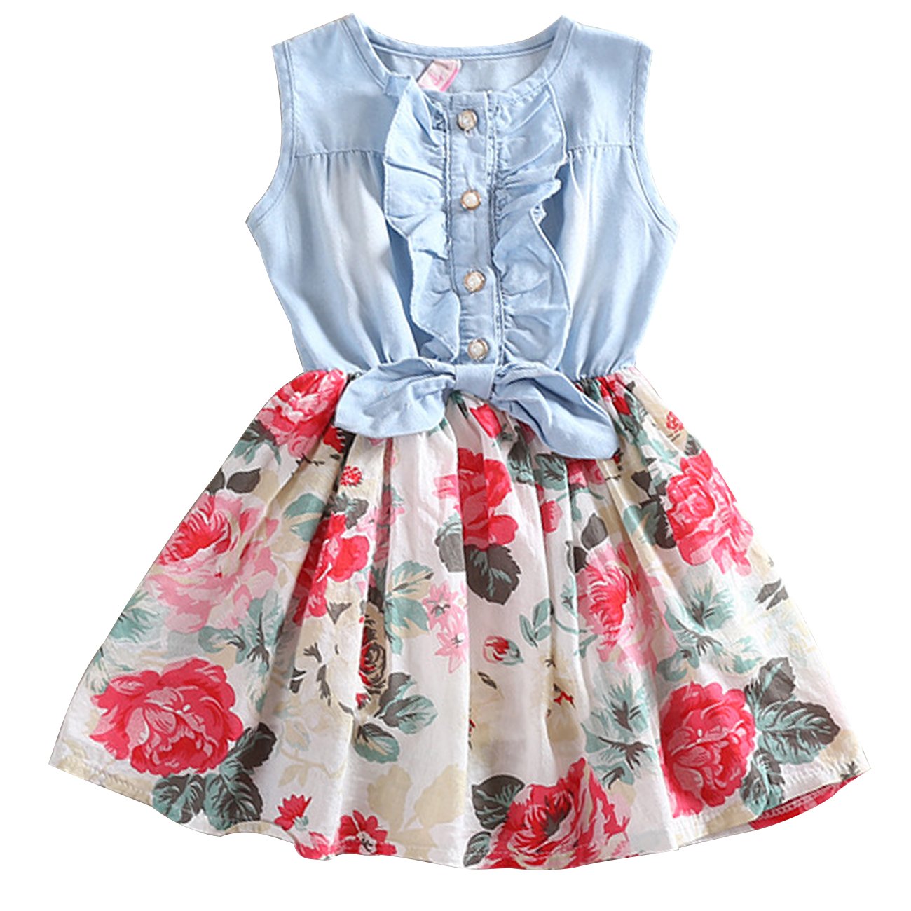 CM-Kid Little Girls' Sleeveless Denim Dress Splicing Flowers Sundress 2-6Y