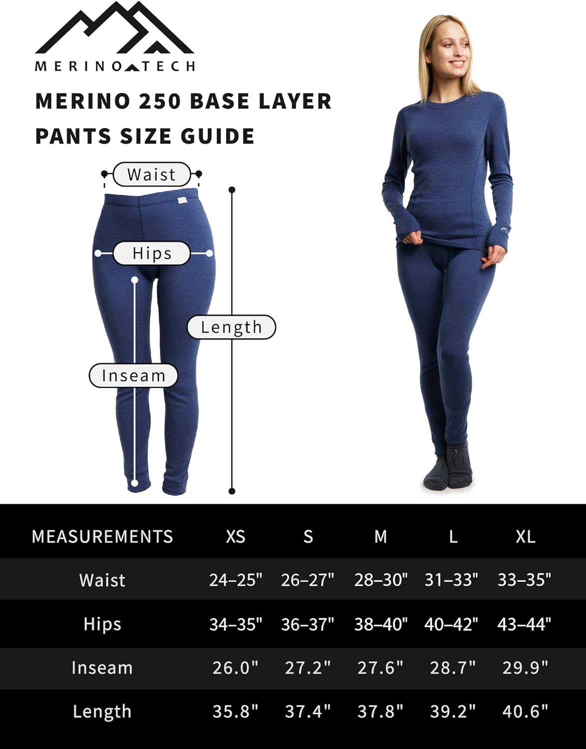 Merino.tech Merino Wool Base Layer Womens Pants 100% Merino Wool Leggings Midweight Thermal Underwear Bottoms + Wool Socks at  Women’s Clothing store