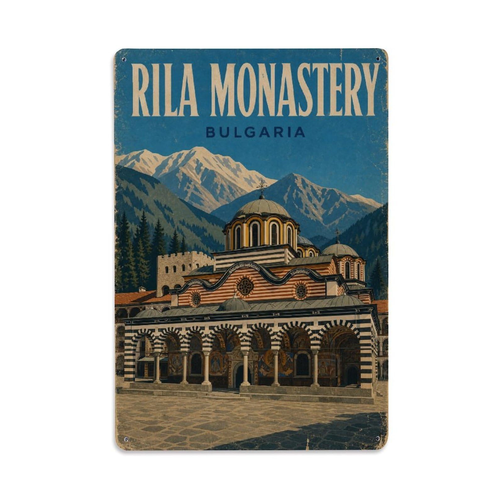 Travel Vintage Bulgaria Rila Monastery Metal Tin Sign