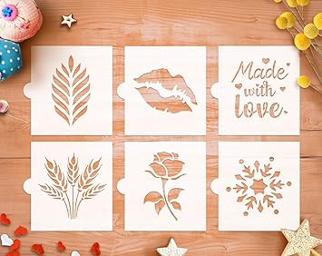 GSS Designs Artisan Bread Stencil Templates Decoration (6 Pack) - Reusable Cake Cookies Baking Painting Mold Tools 6x6Inch - Dessert, Coffee, Pies Decorating Molds Stencils (SL-110)