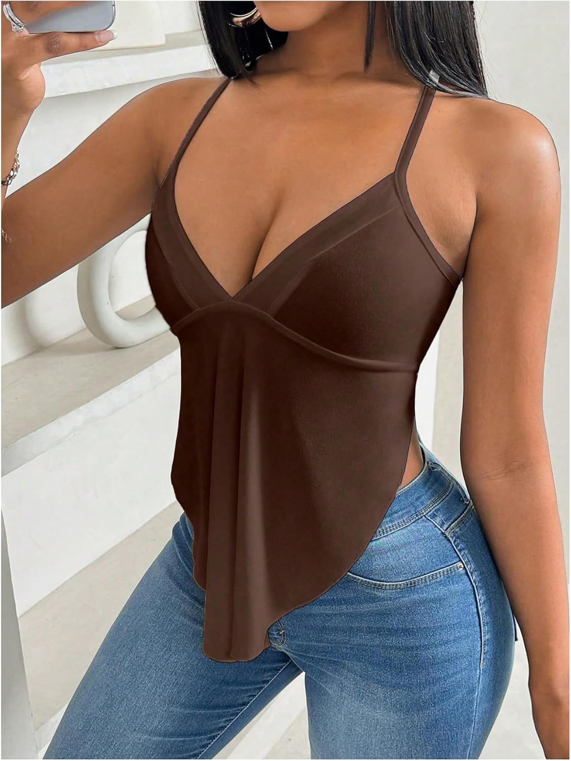 SOLY HUX Women's Deep V Neck Cami Top Sleeveless Criss Cross Tie Backless Asymmetrical Flowy Tops - Image 3