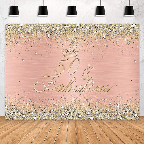 Miniatura 2 de MEHOFOND Telón de fondo de feliz cumpleaños 50 para mujer, decoración de fiesta de cumpleaños número 50, pancarta de diamantes, rosa y oro rosa,