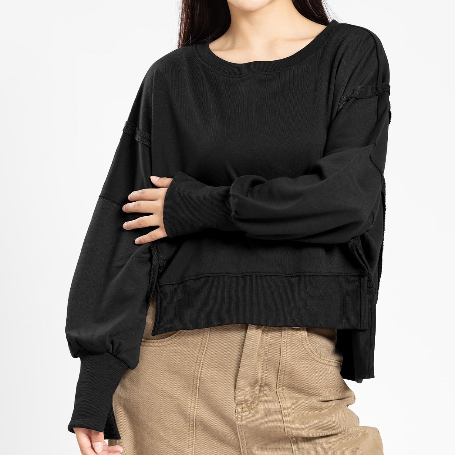 Womens Crewneck Sweatshirts Cropped Long Sleeve Tops Oversize Loose Fit Tee Side Slit Pullover Tshirt 2026 Spring Winter Black - Image 2