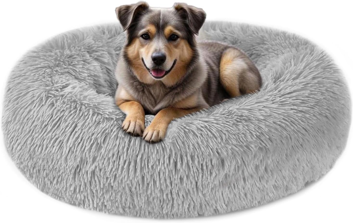 ELYF Plush Donut Dog Bed (80cm) – Calming Cat Bed for Indoor Cats Self-Warming Round Pet Cushion with Anti-Slip, Waterproof Base & Reversible Design, Machine Washable – Light Grey