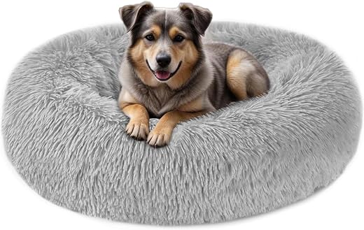 ELYF Plush Donut Cat Bed for Indoor Cats (50cm) - Calming Dog Bed Self-Warming Round Pet Cushion with Anti-Slip, Waterproof Base & Reversible Design, Machine Washable - Grey