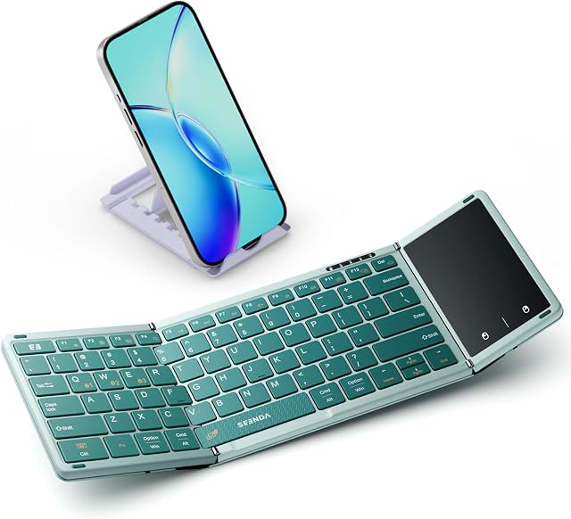 Seenda Foldable Bluetooth Keyboard for Travel, Folding Keyboard with Touchpad, Full-Size Portable Keyboard Mini Rechargeable Wireless Keyboard - Sync Up to 3 Devices