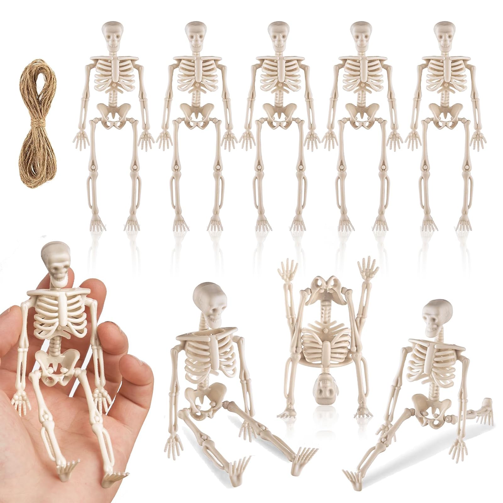 Hebterrka 8 sztuk dekoracyjnych mini szkieletowych figurek na Halloween, 15 cm, wysuwane plastikowe szkielety na straszną dekorację domu na Halloween, dekoracja domu duchów i prezenty na imprezę